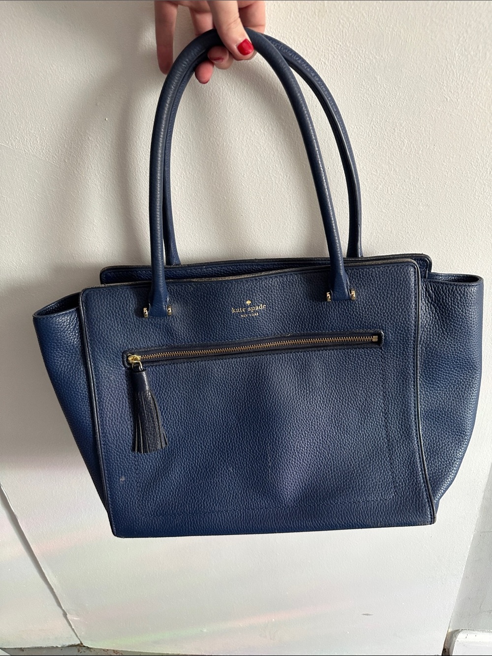 kate spade Navy Pebbled Leather Purse with Tassel Zip